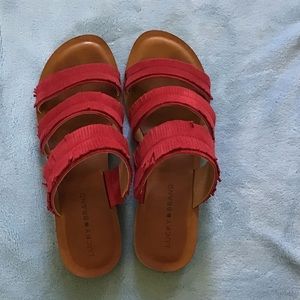 Lucky Brand red leather/suede fringed sandals, EUC